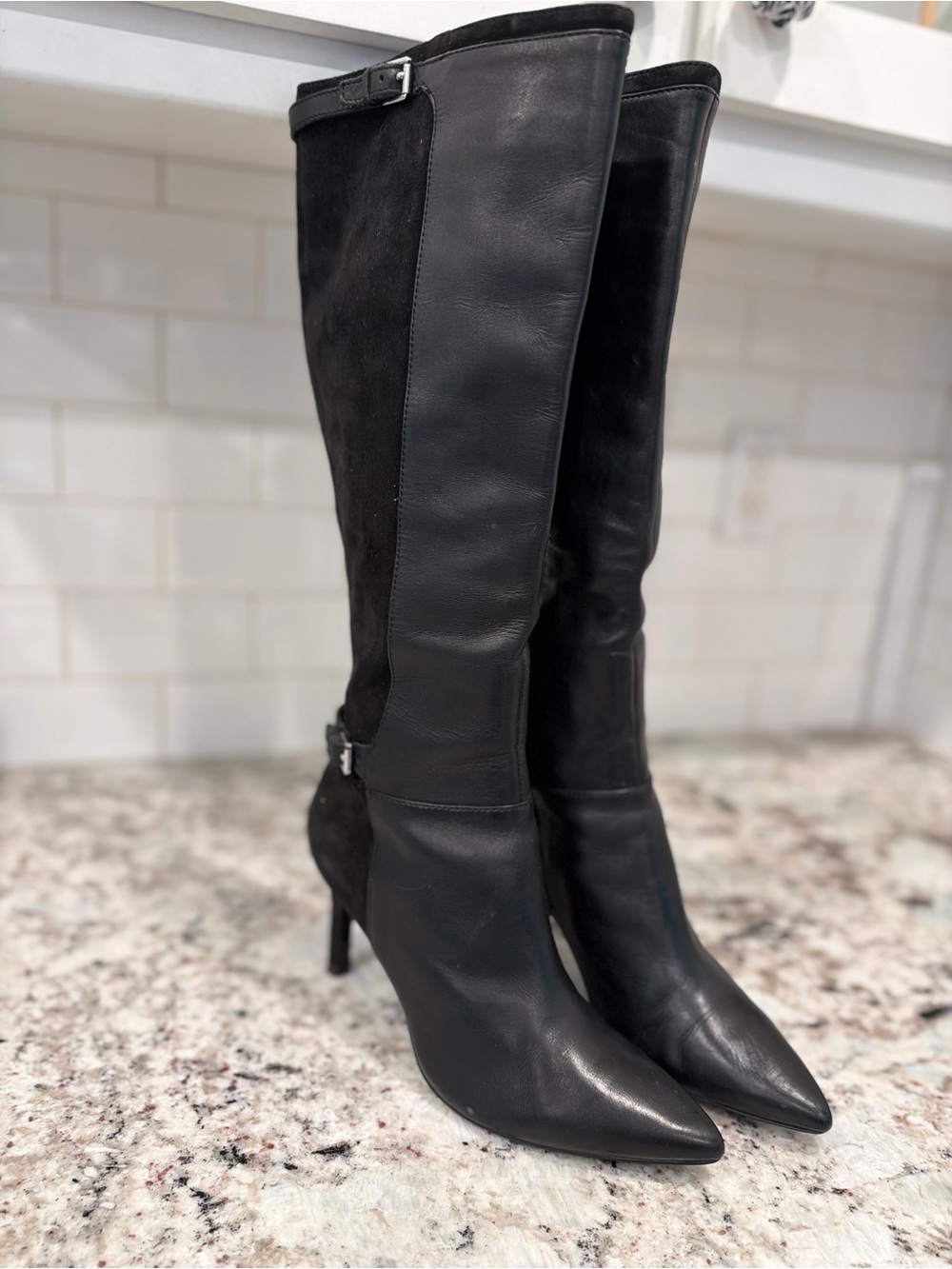 Ralph Lauren Black Leather and Suede Over-the-Knee Stiletto Boots - Picture 13 of 14